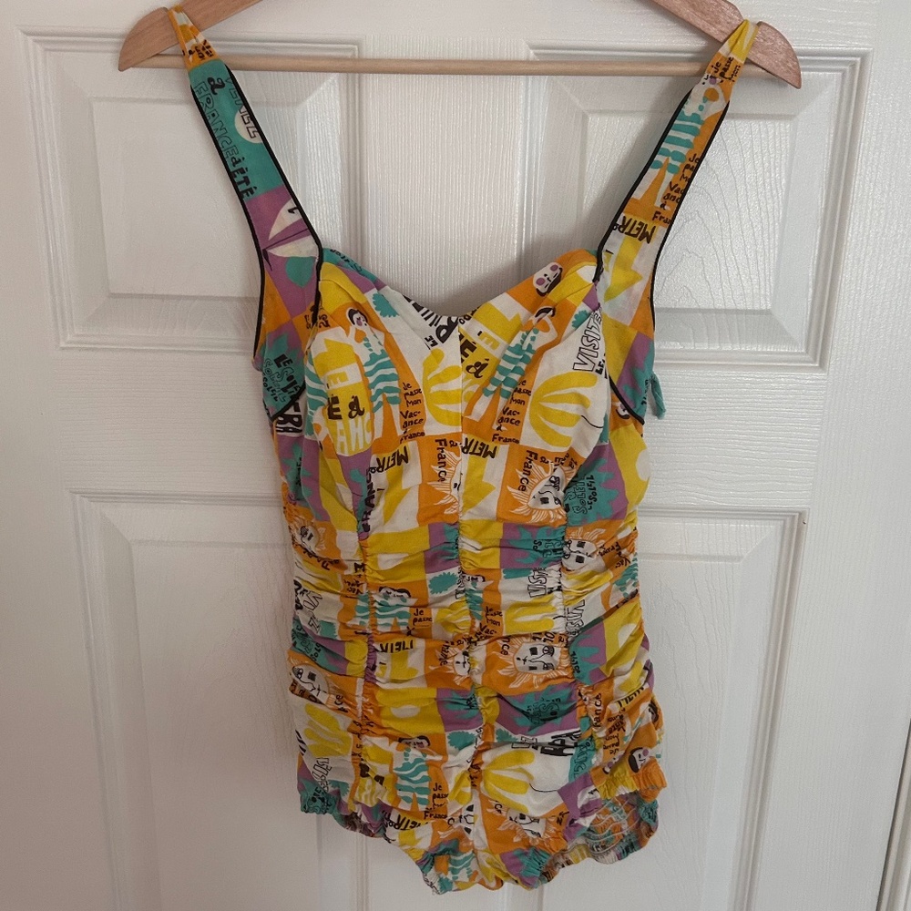 Vintage 1950s Lee Swim Play Bathing Suit French Novelty Print S